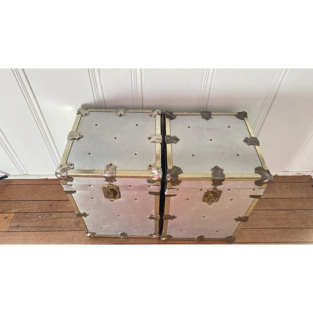 Metal Vintage Campaign Chests Trunks Pair Silver Metal Industrial For Sale - Image 7 of 17