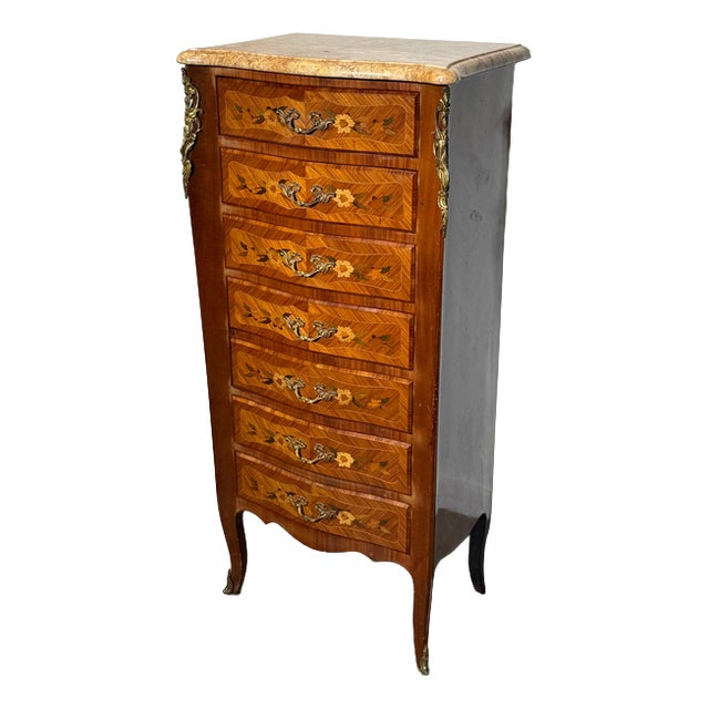 Tall French Louis XV Marquetry Chest of Drawers with Marble Top For Sale