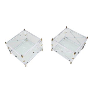 Vintage Mid Century Square Jansen Chrome Brass Glass Side End Tables- a Pair For Sale