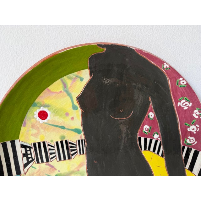 1980s Lois Barton Hand-Painted Modernist Figurative Art Ceramic Plate For Sale - Image 9 of 12