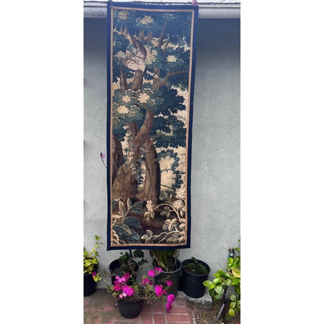 This is a good 18th century wool and silk tapestry which is 79 x 28 inches. We can see a duck flying in the landscape....