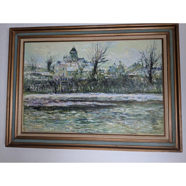 Wood Late 20th Century Large H. Rogers Impressionist Winter Landscape Oil Painting Framed 43x31 in Style of Claude Monet For Sale - Image 7 of 14