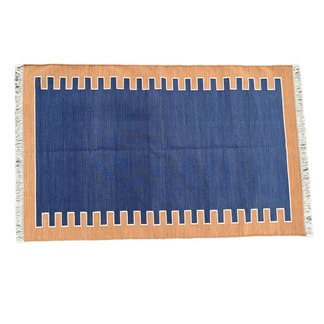 Not Yet Made - Made To Order Handmade Cotton Vegetable Dyed Blue, Cream and Tan Zig Zag Striped Rug-5'x7' For Sale - Image 12 of 12