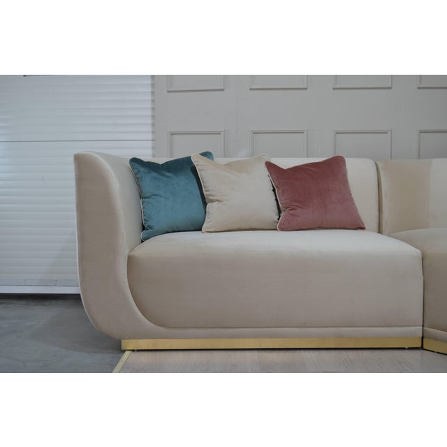 Cream L-Shaped Sectional Sofa with Gold Base and Velvet Cushions from Kabinet For Sale - Image 9 of 11