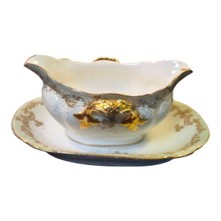 Antique Elite Works Limoges Two-Handled Gravy Boat - Celadon Dots and Gilded Scrolls For Sale