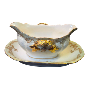 Antique Elite Works Limoges Two-Handled Gravy Boat - Celadon Dots and Gilded Scrolls