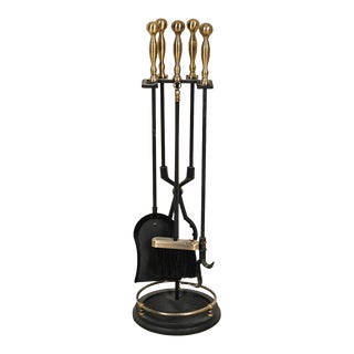 Contemporary Brass & Iron Fireplace Tools Set- 5 Pieces For Sale