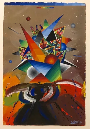 Georges Dussau, French Surrealist Colorful Futurist Abstract Painting Composition V, 1979