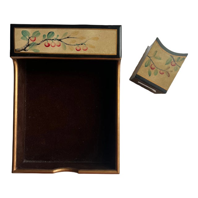Chinoiserie Black & Gold Desk Set With Cherries For Sale