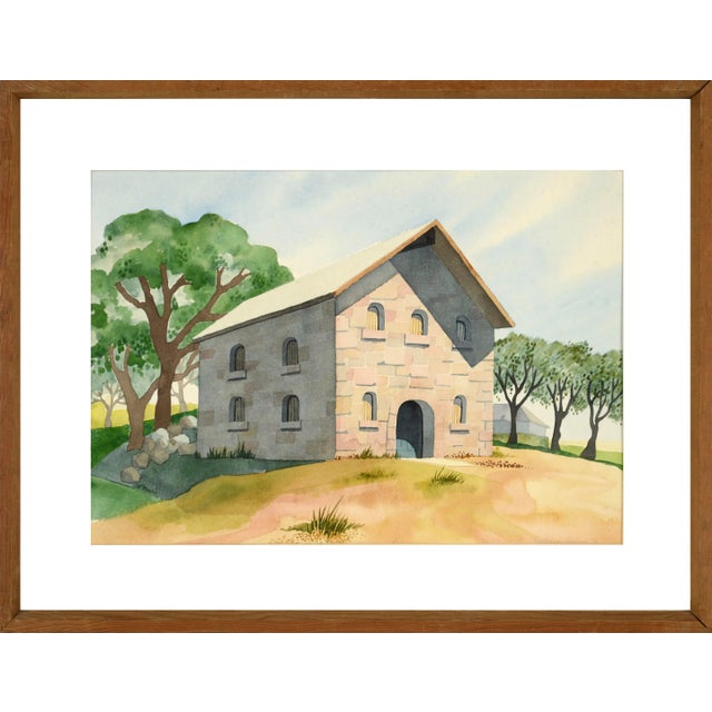 1970s "Stone Barn on the Hilltop" Landscape Watercolor Painting by Gretchen Guard, Framed For Sale - Image 9 of 9