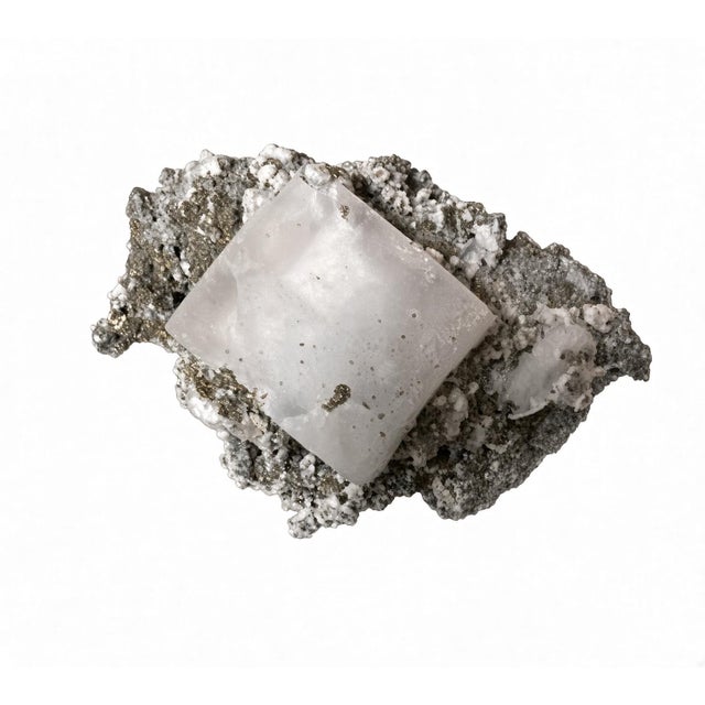 White Large Natural Fluorite Cube Crystal Specimen With Pyrite & Calcite Matrix For Sale - Image 8 of 15