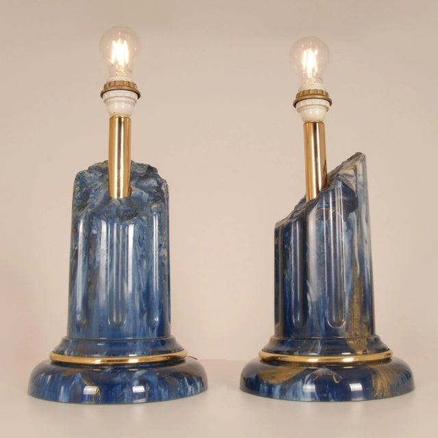 Blue Vintage Italian Table Lamps Lapis Lazuli Marble Blue Gold Column Lamps a Pair For Sale - Image 8 of 11