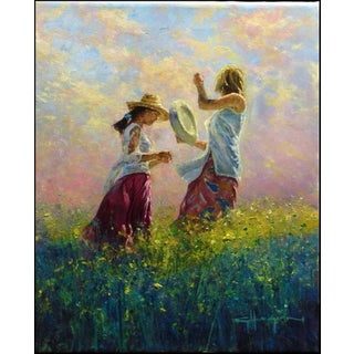 Robert Hagan "Untitled" Original Two Women Playing in a Field Oil Painting on Canvas Hand Signed Unframed For Sale