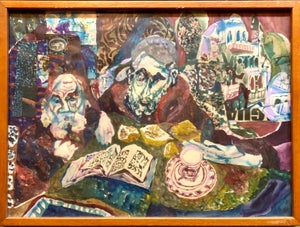 Paul Shimon, Assemblage Collage Painting Outsider Art Rabbis Studying, Jerusalem
