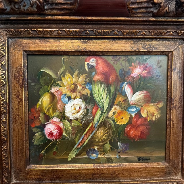 Emil Kosa Jr ( 1903-1968) original oil on board painting Vibrant oil painting of a parrot surrounded by flowers in a...