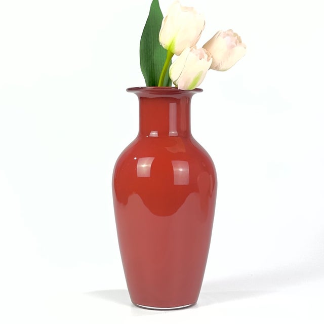 This stunning, authentic mid-century modern hand-blown cased glass baluster vase crafted by the historic Murano...