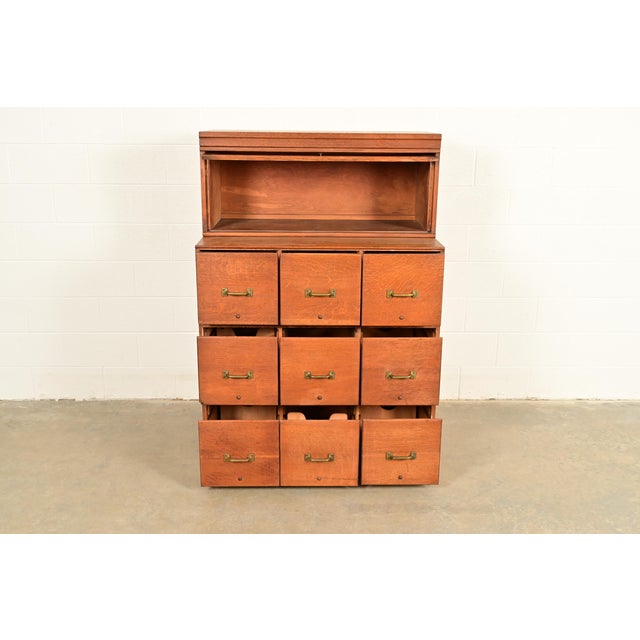 Early 20th Century Antique Mission Oak Arts & Crafts 9-Drawer File Cabinet With Barrister Bookcase, Circa 1900 For Sale - Image 5 of 17
