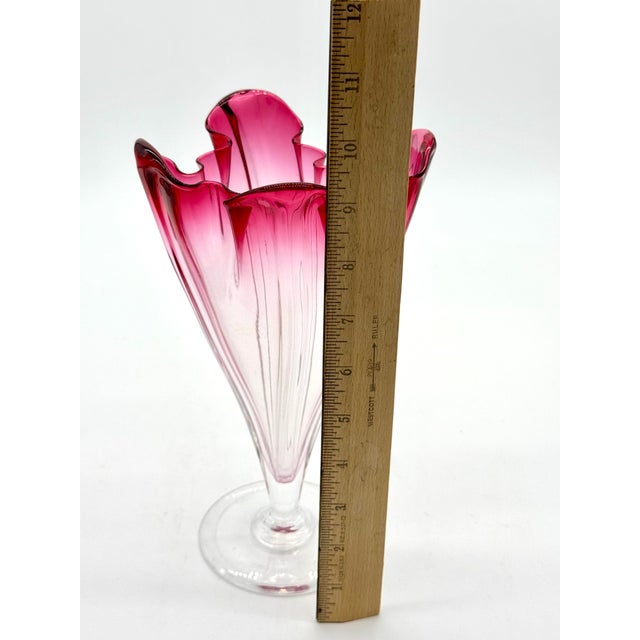 Steuben Glass Signed Steuben Floriform Ruffled Cranberry Rim Fading to Clear 9.5"h X 5.5"w For Sale - Image 4 of 6
