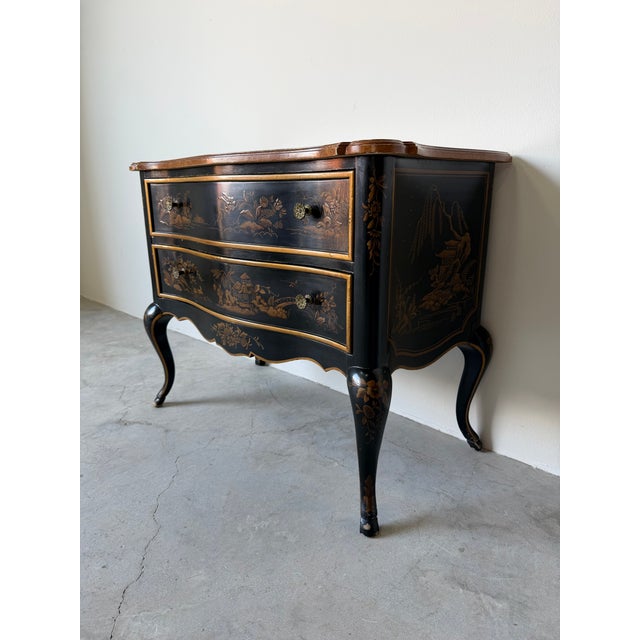 Vintage Drexel Asian Chinoiserie Black & Gold Motif Two Drawer Nightstand - Brass Handles For Sale - Image 4 of 15