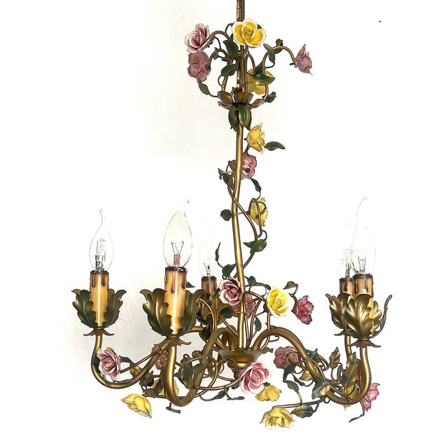 Italian Metal and Porcelain Flower Chandelier, 1940s For Sale - Image 4 of 17
