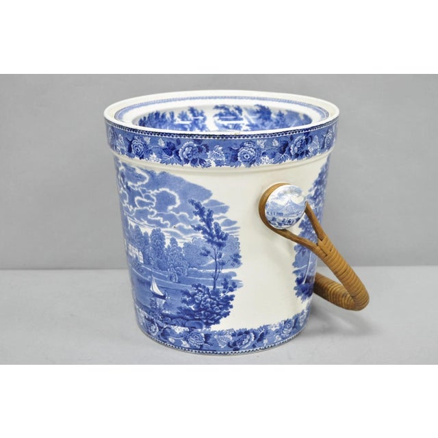 Ceramic Late 19th Century Wedgwood Landscape Etruria Pattern Blue White Porcelain Covered Slop Pot Commode For Sale - Image 7 of 17