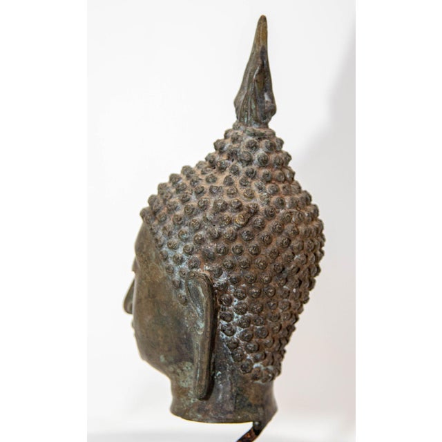 Antique Bronze Buddha Head Sculpture With Verdigris on Stand 19th C. For Sale In Palm Springs - Image 6 of 12