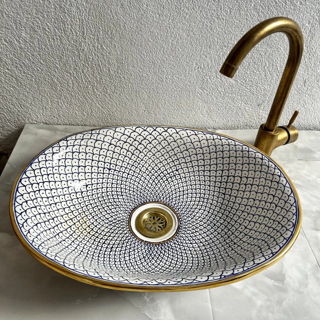 Farmhouse Minimalist Oval Sink With 14k Gold Rim Bathroom Sink, Oval Handmade Ceramic For Sale - Image 9 of 9