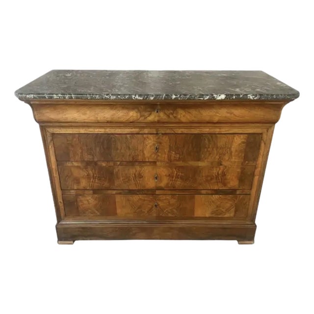 Louis Philippe Book Matched Burl Walnut Chest With Marble Top For Sale