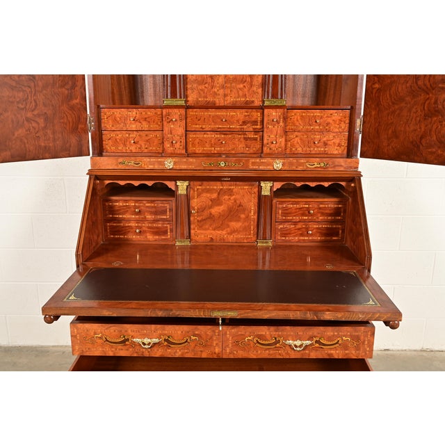 Wood Baker Furniture Style Georgian Burl Wood Inlaid and Hand Painted Drop Front Secretary Desk With Bookcase Hutch Top For Sale - Image 7 of 15