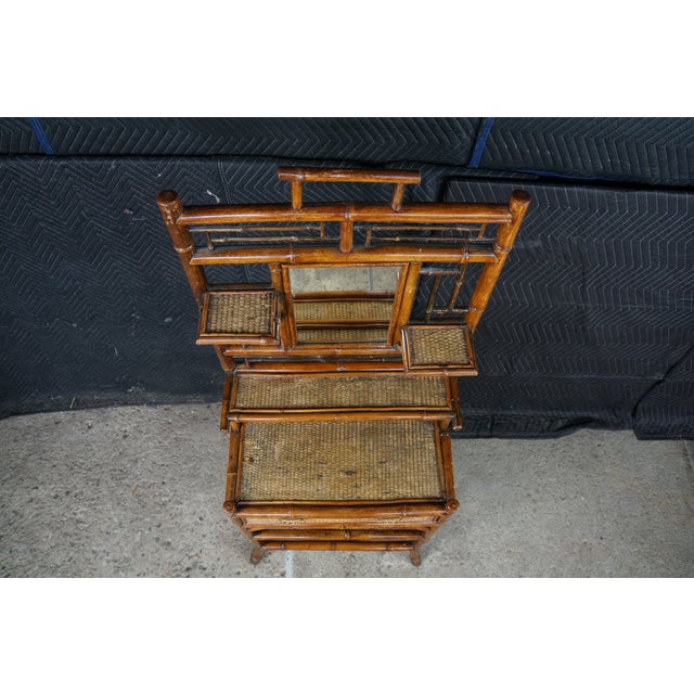 Antique English Victorian Bamboo & Rattan Mirrored Etagere Shelf Stand Boho Chic For Sale - Image 9 of 18