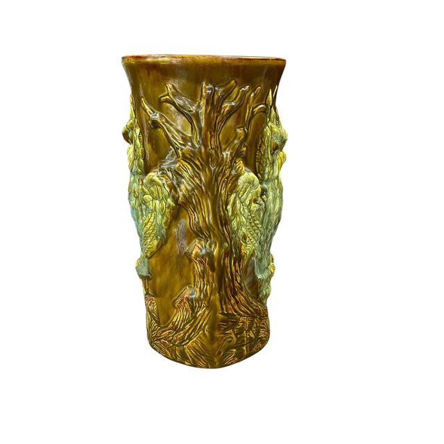 What a beauty with the brown background snd green owl design. This umbrella stand or vase measures 8.5” diameter x 16.25”...