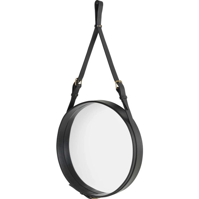 Jacques Adnet small Circulaire mirror with olive leather. Designed in 1950 by Jacques Adnet and executed in leather,...