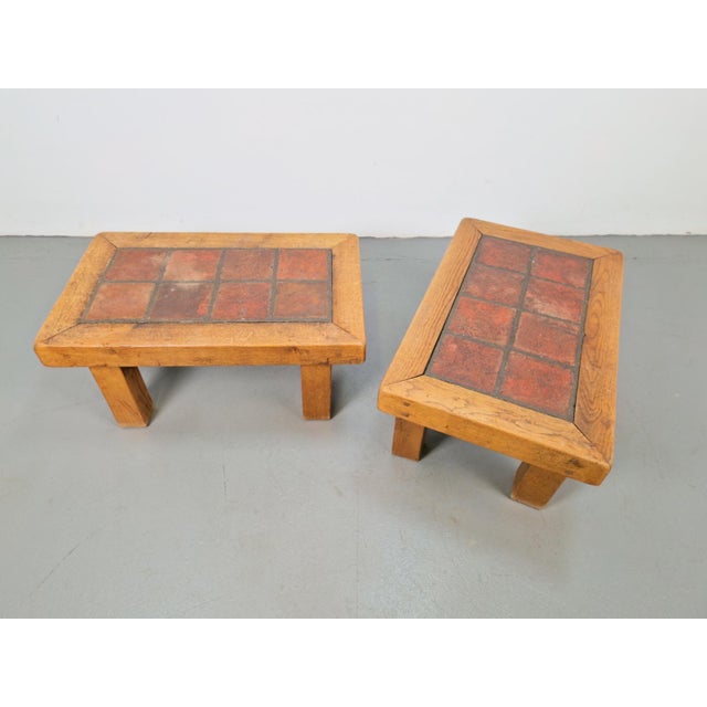 1950s Brutalist Oak Side Tables with Terracotta Tiles, 1950s, Set of 2 For Sale - Image 5 of 12