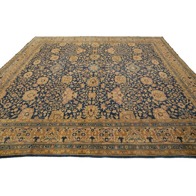 Antique Persian Tabriz Square Wool Rug in Blue With Allover Floral Design For Sale - Image 10 of 10