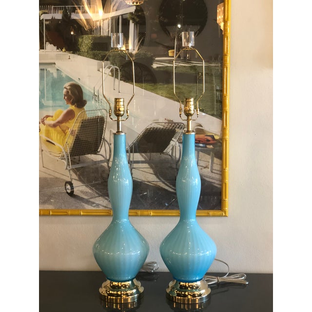 Vintage Murano Aqua Blue Glass Opaline Brass Lucite Table Lamps A