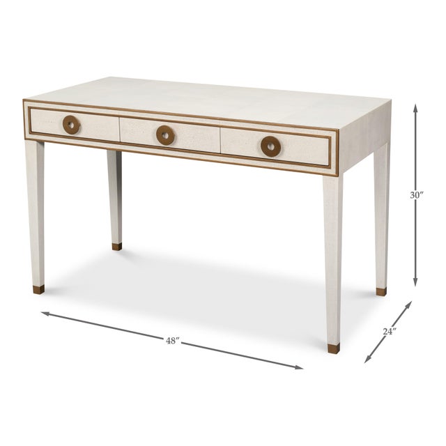 Art Deco Shagreen Writing Desk in White with Brass Ring Pulls For Sale - Image 12 of 12