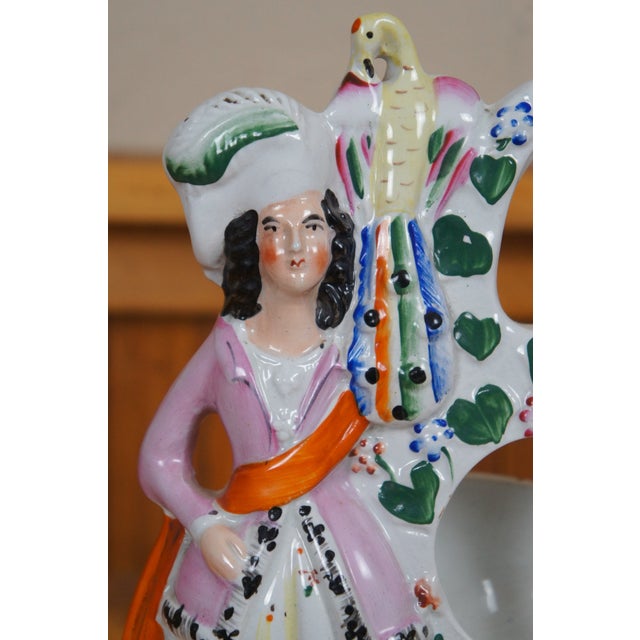 Ceramic Antique Staffordshire Couple With Peacocks Pocket Watch Holder Figurine For Sale - Image 7 of 12