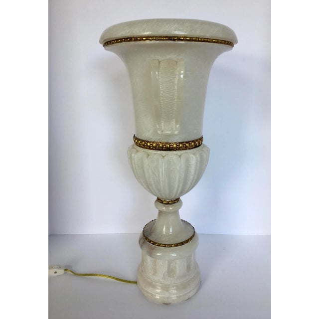 Traditional Vintage Tall Carved Alabaster Marble and Bronze Urn Table Lamp For Sale - Image 3 of 12
