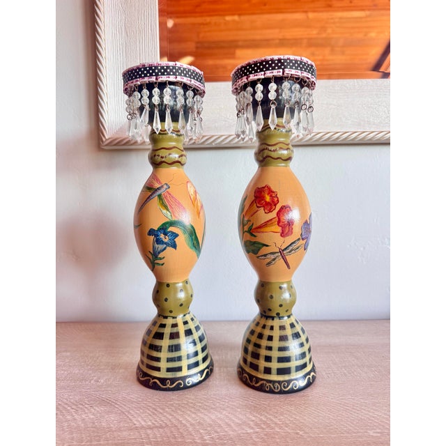 Yellow Tracy Porter Hand Painted Stonehouse Farm Goods Candle Sticks For Sale - Image 8 of 12
