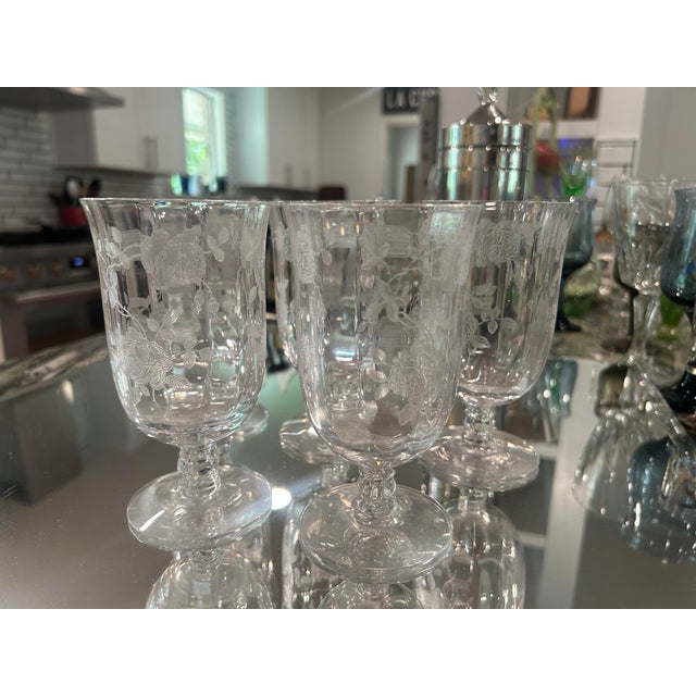 Vintage Willowmere by Fostoria Glasses Etched With Roses and Rose Vines - Blown Crystal- Set of 5 For Sale In Sacramento - Image 6 of 6