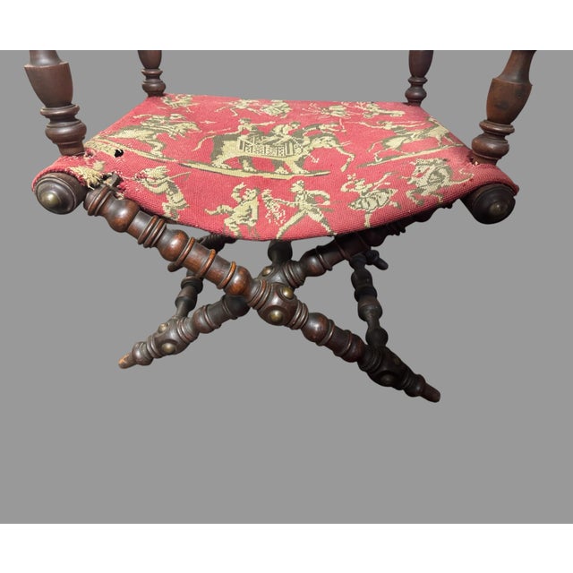 Early 20th Century Antique Victorian Hunzinger Style Folding Chair Dog Heads Circus Needlepoint For Sale - Image 5 of 12