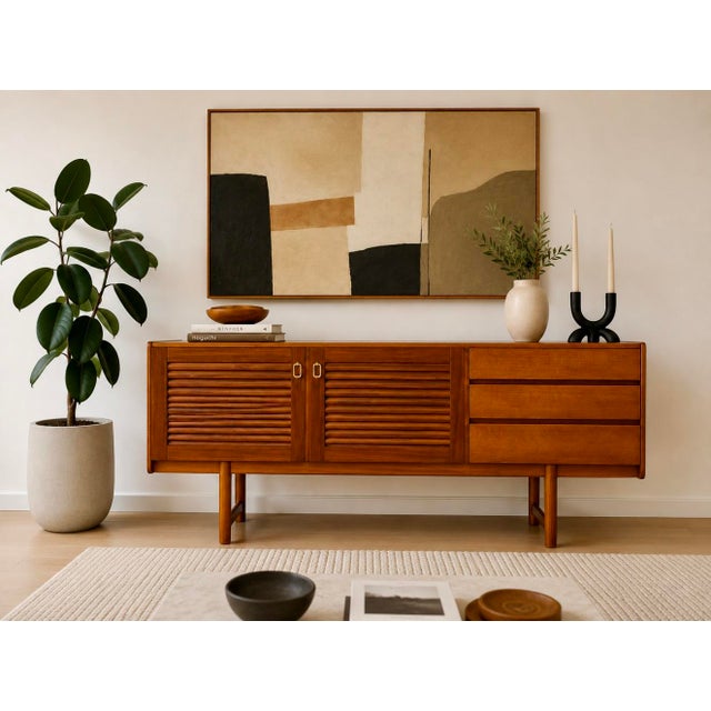 A. H. McIntosh & Co. Ltd. Mid Century Modern Teak Credenza With Louvered Doors | Sideboard by a.h. McIntosh, Made in Scotland, C. 1960’s For Sale - Image 4 of 17