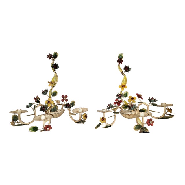 Pair of Italian Tole Painted Floral Wall Sconces Candleabra For Sale