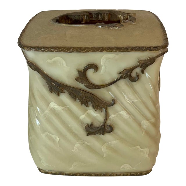 Vintage Dorothy Draper Style Hand Painted Faux Marble Faux Brass Tissue Box Cover For Sale