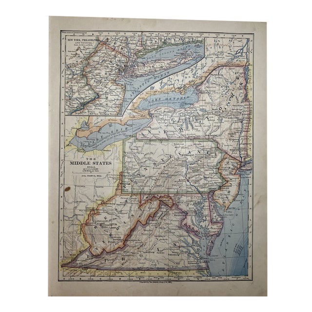 1883 Antique Middle Atlantic States Map For Sale