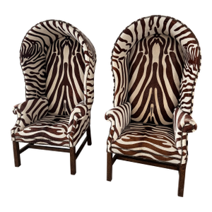 Zebra Print Cow-Hide Dome Style Chairs, Pair