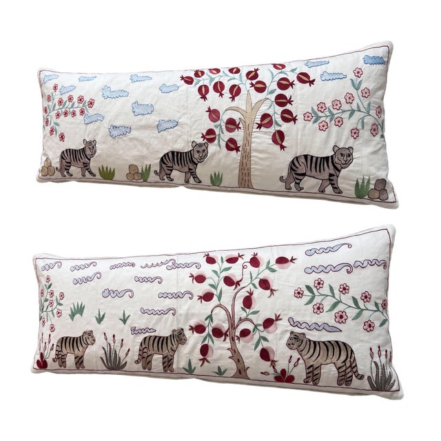Mid-Century Modern White Tiger Suzani Lumbar Pillow Cover 18'' X 54'' - Set of Two For Sale - Image 3 of 4