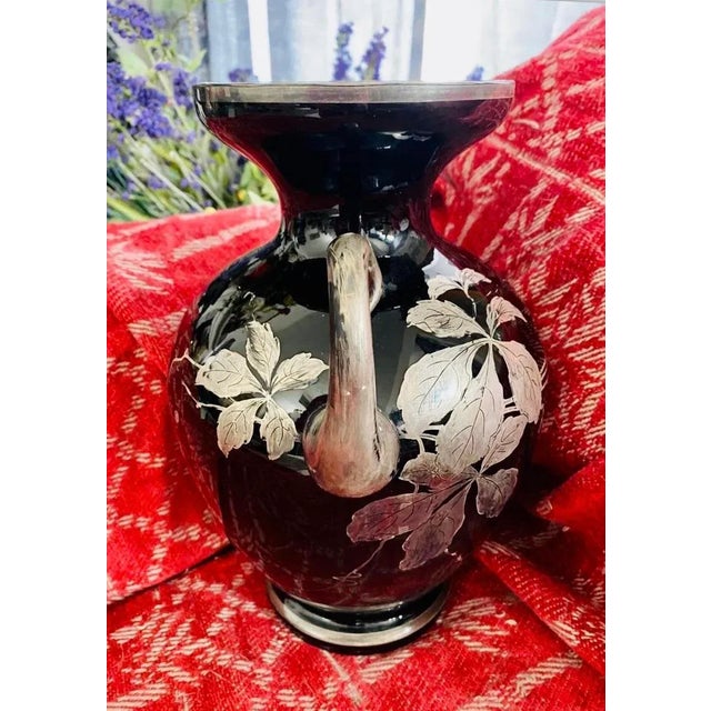1910s Large Antique Art Nouveau Black Amethyst Glass Silver Overlay Butterfly Vase For Sale - Image 6 of 7