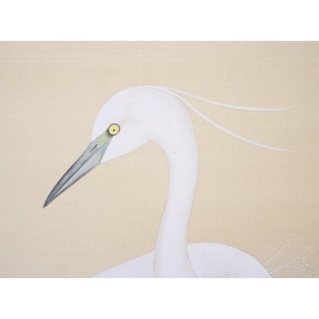 Champagne C. 1970s Japanese Style Monochrome Silk Screen "Egrets and Moon" For Sale - Image 8 of 17