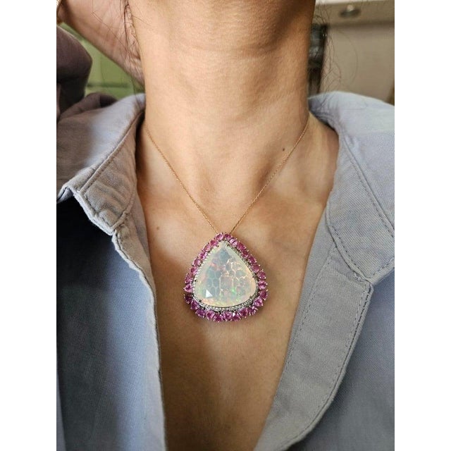 29.59 Carat Ethiopian Opal, Pink Sapphire & Diamond Cocktail Ring/ Pendant Necklace, Size 6 For Sale - Image 13 of 16